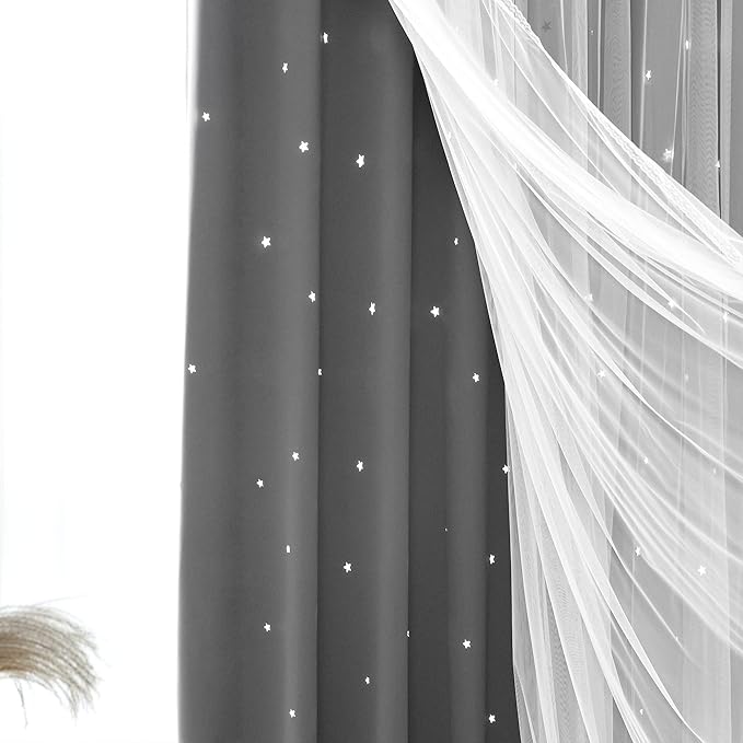 Kinryb Kids Blackout Curtains for Bedroom/Living Room/Classroom, Sheer Overlay 2 Panel Set, Double Layer Curtains with Star Cutout for Kids Room(Each Piece W 70 x L 84 Inches 2 Pcs Grey)