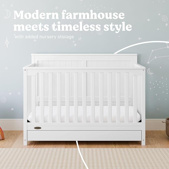 Graco Hadley 5-in-1 Convertible Crib with Drawer (White) – GREENGUARD Gold Certified, Crib with Drawer Combo, Full-Size Nursery Storage Drawer, Converts to Toddler Bed, Daybed