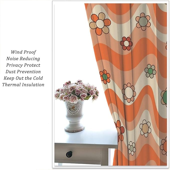 70s Boho Retro Curtains for Bedroom,Groovy Vintage Floral Rainbow Window Treatments Drapes for Kids Girls Window 42"" W X 63"" L, Style-6
