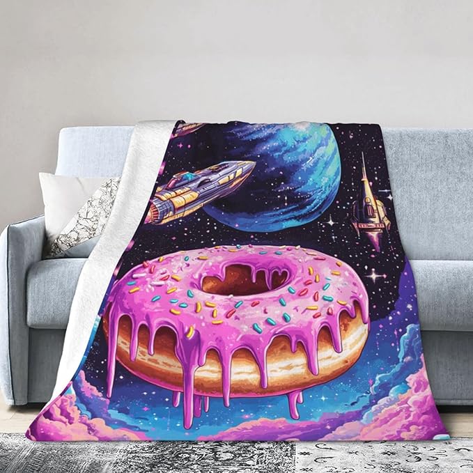Donut Blanket Space Donut Decor Throw Blanket Super Soft Flannel Lightweight Fluffy Plush Cozy Fuzzy Fleece Food Blanket Gifts for Girl Boys Woman Man Kids Adults for Bed Sofa Couch 50"X60"