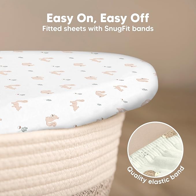 2-Pack Baby Bassinet Sheets Girl, Boy - 33x17 Viscose Derived from Bamboo Bedside Mattress Fitted Bassinet Sheets, Compatible with Halo Bassinest Swivel Sleeper, Baby Delight, Graco(Nibbles/Bruce)