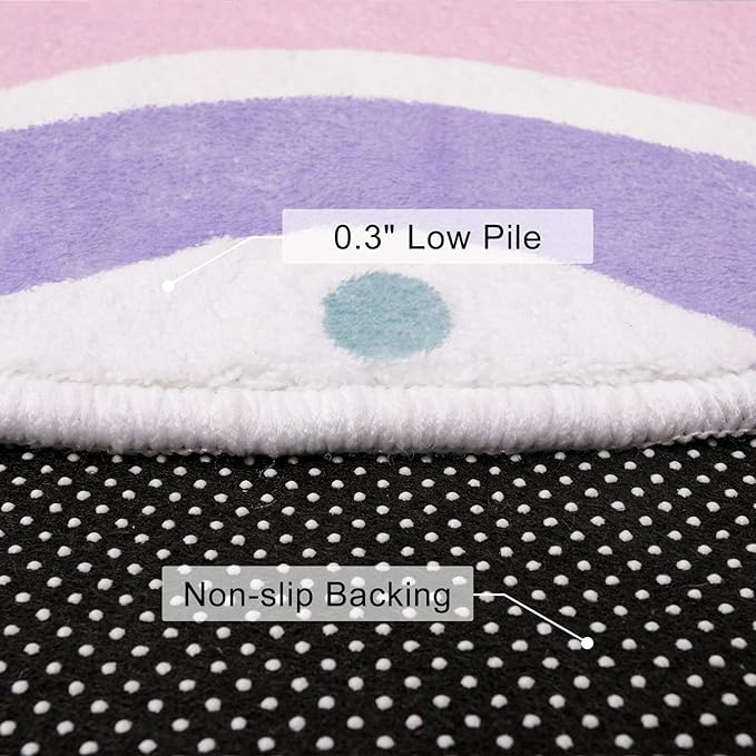 STARUIA Pink Round Rug for Nursery, 4 Ft Rainbow Washable Rug for Kids Room, Non-Slip Circle Rug Colorful Bedroom Carpet for Girls Princess Castle Playroom Classroom