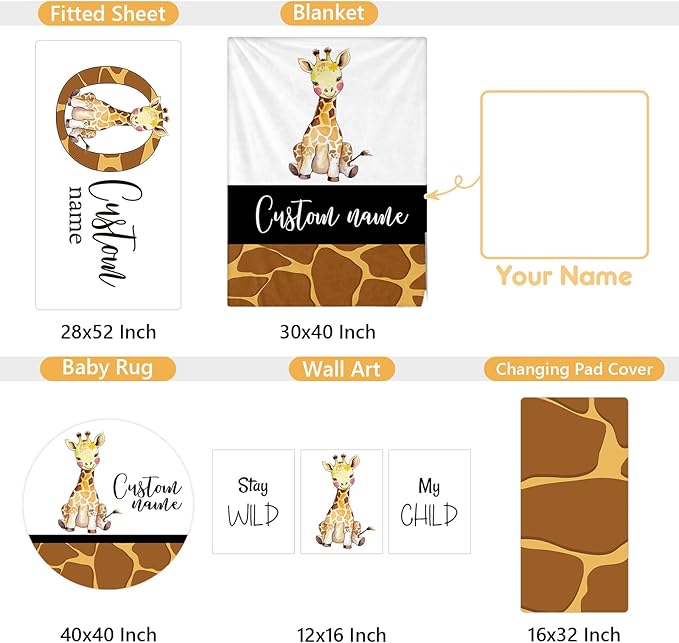 Personalized Crib Bedding Set, 5 Pcs Custom Name Nursery Bedding Sets, Giraff Infant Bedding Set for Boys Girls, Double Layer Flannel Baby Crib Set, Customized Gifts for Babies Toddlers Kids