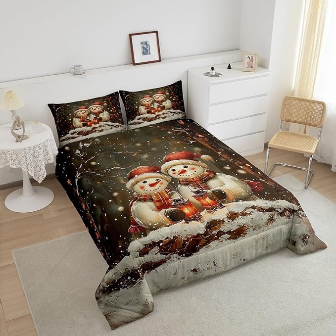 Manfei Kawaii Snowman Kids Comforter Set Queen Size,Dead Tree Winter Snow Romantic Bedding Set,Boys Girls Room Decor,Merry Christmas Down Comforter,Black White Duvet Insert,2 Pillowcases