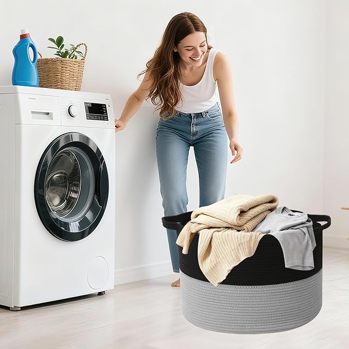 Large Blanket Basket for Organizing,115L Closet Organizers and Storage Bins Box for Shelves Woven Rope Storage Baskets,Living Room,Bedroom,Dorm,Laundry room (Black&Light Grey)