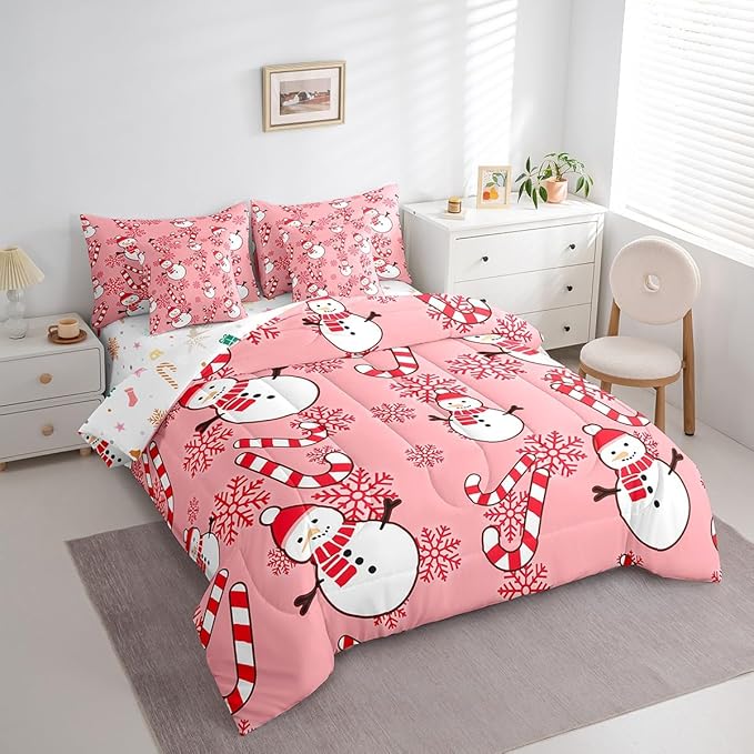 Christmas Kids Bedding Set Cartoon Snowman Comforter Set with Sheets for Boys Girls Snowflake New Year Decor Bed in a Bag Pink Xmas Theme Bed Set 7Pcs King Size