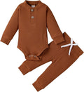 Newborn Baby Boy Girl Clothes Ribbed Knitted Cotton Long Sleeve Romper Long Pants Solid Color Fall Winter Outfits