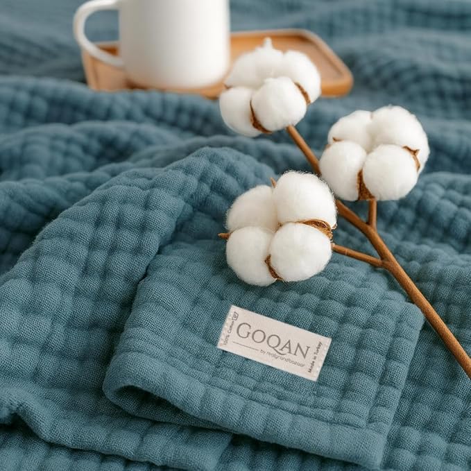 Goqan Muslin Blanket Queen 79x90 – 100% Cotton 4 Layer Boho Muslin Blanket for Adults, Lightweight, Soft, Breathable for Bed - Teal