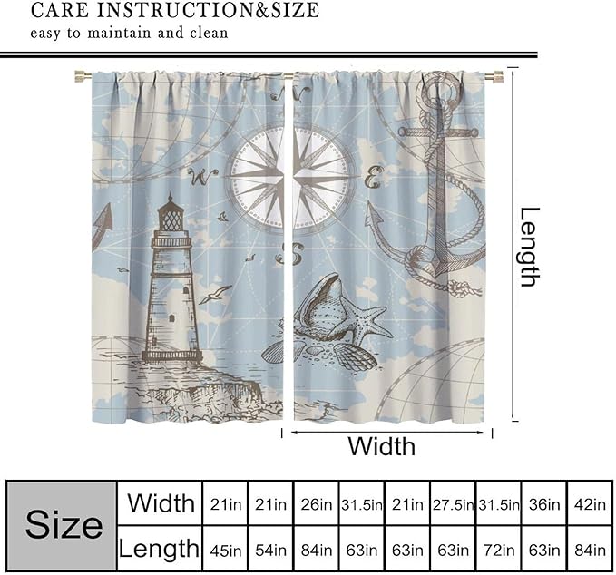 Nautical Costal Curtains, Compass Lighthouse Anchor Sailboat Pattern Blackout Print Home Bedroom Living Room Window Treatments 2 Panel Set 55x63 Inch