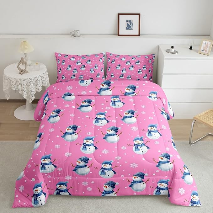 jejeloiu Kids Cute Winter Snowman Comforter Set Queen Size Pink Christmas Theme Bedding Set for Boys Girls Teens Xmas Snowflake Happy New Year Duvet Quilt Room Decor