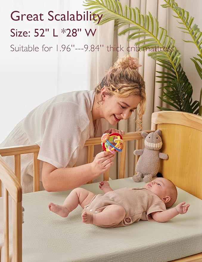Momcozy Muslin Standard Fitted Crib Sheets, 52"x28", 2 Pack Soft Breathable Natural Cotton Baby Mattress Sheet, 360° Mattress Wrapping No Slip Boys Girls Neutral Toddler Bed Sheet, Green Grey