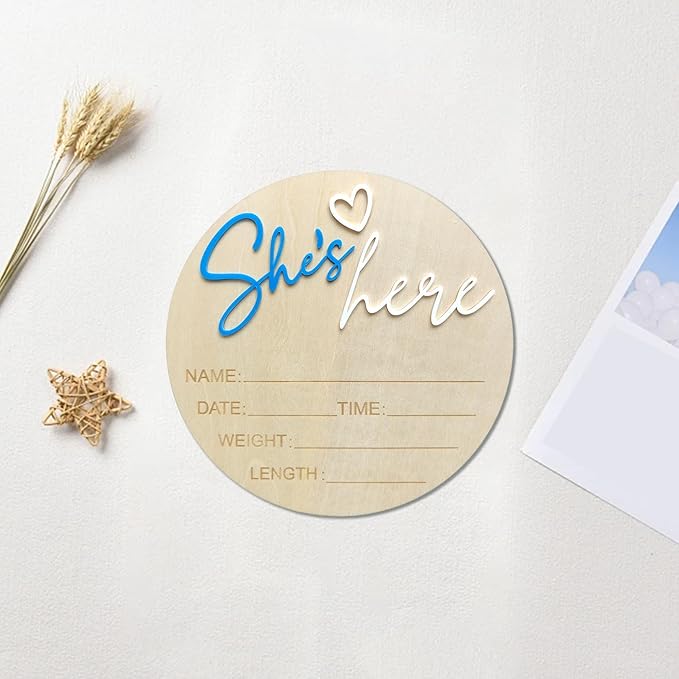 Baby Announcement Sign, 5.9 Inch Wooden Hello World Newborn Signs, Birth Announcement Sign, Gender Reveal Signs, She's here Decoration, Welcome Newborn Arrival To World, Hospital Nursery for Baby (Dark blue She's)