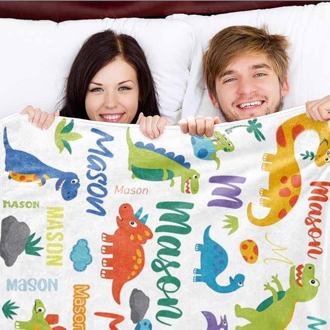 Personalized Dinosaur Blanket with Name for Boys, Customized Gift for Birthday, Christmas, Baby Shower, Soft Flannel Dinosaur Toddler Blanket, 30" X 40"