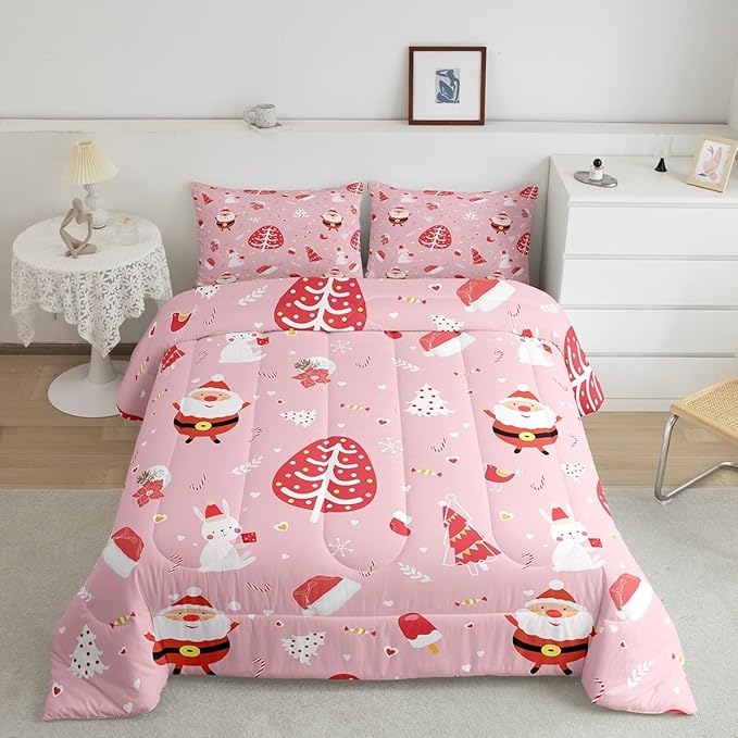 Feelyou Santa Claus Bedding Set Cute Rabbit Kawaii Pink Comforter for Kids Boys Girls Decor Merry Christmas Comforter Set Girly Pink Quilt Set Bedroom Collection 3Pcs King Size