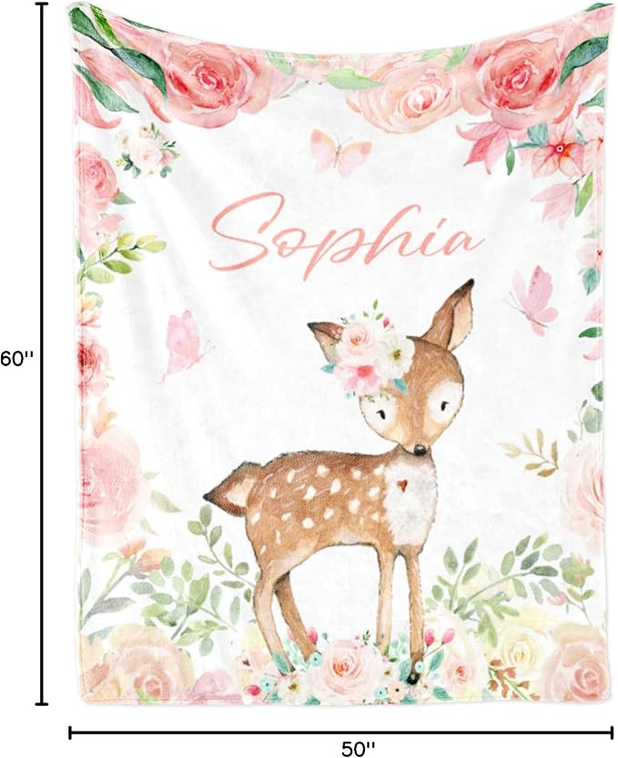Personalized Deer Blanket with Name for Girl, Custom Name Blanket for Teen, Soft Flannel Deer Blankets Customized Gift for Birthday 50"x60"