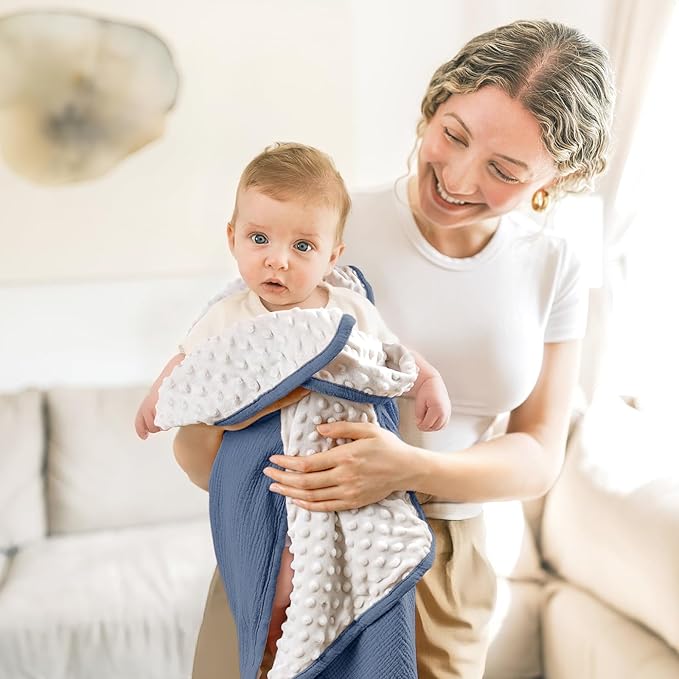 lulumoon Baby Blankets for Boys Newborn: Reversible Muslin & Minky Dotted Backing - Thermal Receiving Blanket for Stroller & Registry Gift 30"x40"(Blue)