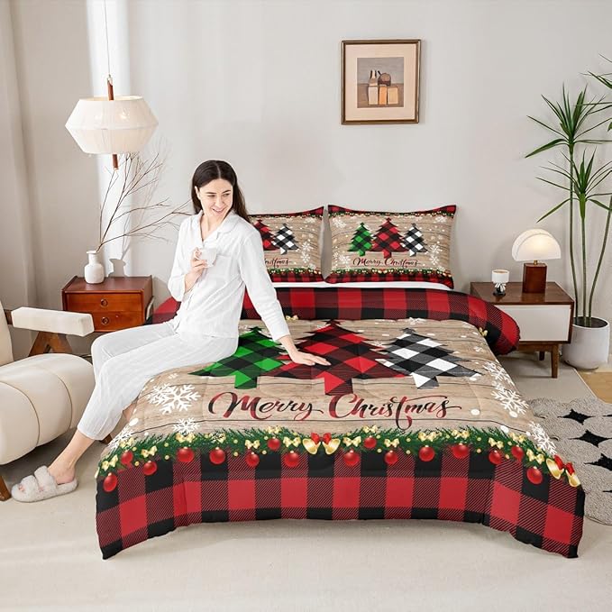 Manfei Plaid Tree Comforter Set Full Size, Wooden Stripe Print Bedding Set 3pcs for Kids Boys Girls Bedroom Decor, Christmas Theme New Year Quilt Set with 2 Pillowcases