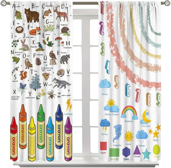 Kids Alphabet Curtain, Funny Cartoon Animal Rainbow Learning, Educational Boys Girls Children Printed Rod Pocket Blackout Window Treatments for Bedroom Living Room Nursery 42" W X 54" L