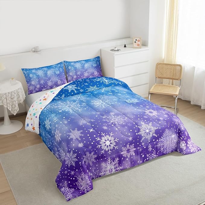 Feelyou Christmas Bedding Set Soft for Boys Girls, Winter Snowflake Comforter Set Twin Size Purple Blue Gradient Duvet Quilt Microfiber Bedroom Decor 2 Pcs with 1 Pillow Cases
