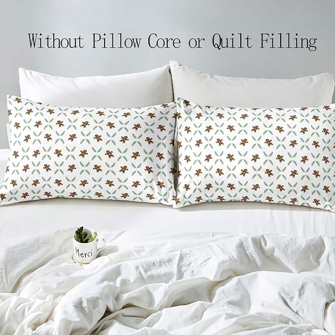 LUVIVIHOME 3PCS Gingerbread Man Duvet Cover Queen Bedding Sets, White Duvet Cover, Teens Boys Girls Kids Bedding, Green Plant Pine Picks Leaves Winter Holiday Christmas Comforter Cover, 2 Pillow Shams