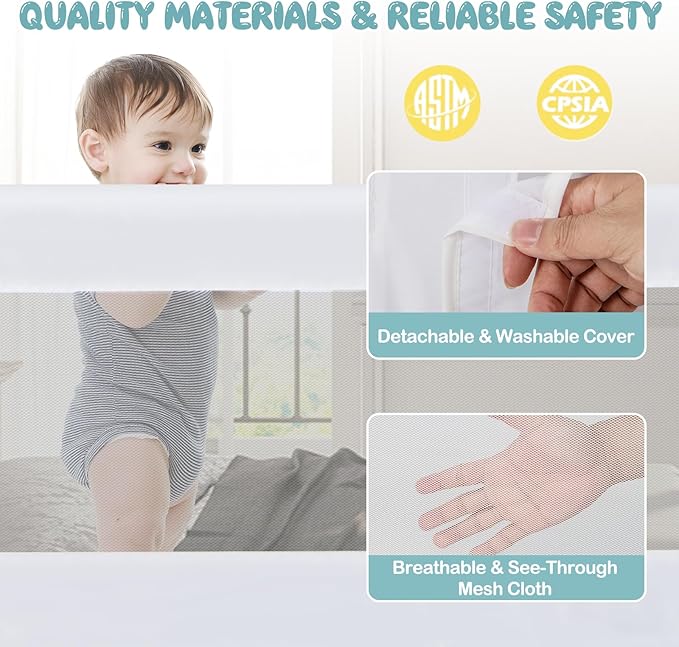 BABY JOY Double Sided Bed Rail Guard, 2 Pack, Extra Long, Swing Down for Convertible Crib, Folding Baby Safety Bedrail for Kids Twin Full Size Queen King Mattress, Rails for Toddlers (White, 60")