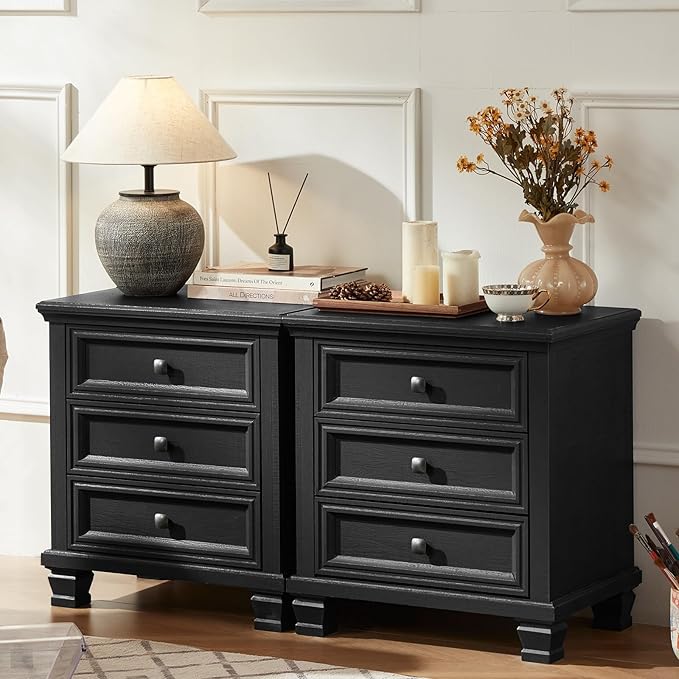 Farmhouse Black Bedroom Sets of 4, Includes 6 Drawer Large Dresser, Vintage Night Stand with 3 Drawers, Small 5 Chest of Drawers, Wood Rustic Dresser & Nightstand Set for Bedroom, Home