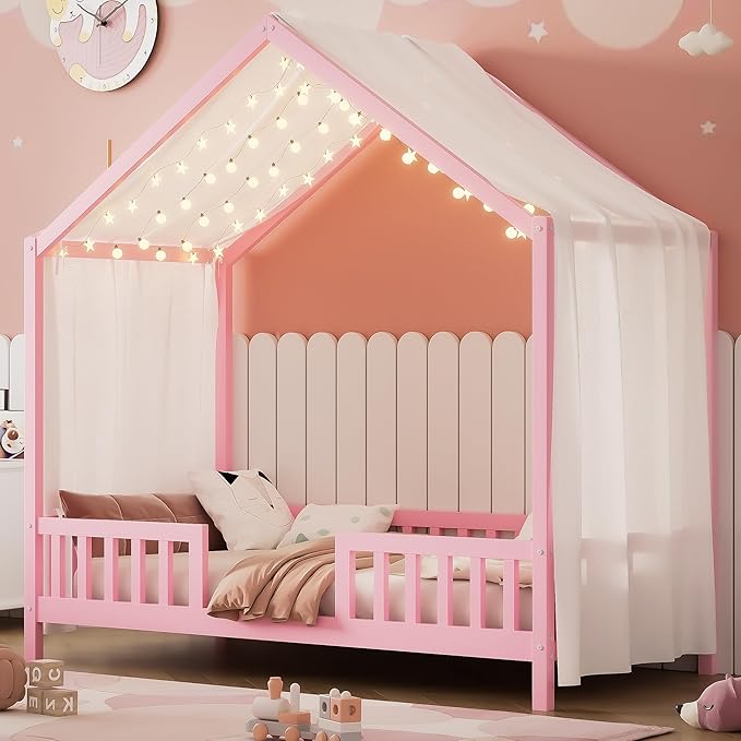 Montessori Floor Bed with Canopy, High Railings and Roof, Twin Size Wood House Bed Frame for Kids Bedroom (Pink/C2)