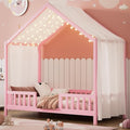 Montessori Floor Bed with Canopy, High Railings and Roof, Twin Size Wood House Bed Frame for Kids Bedroom (Pink/C2)