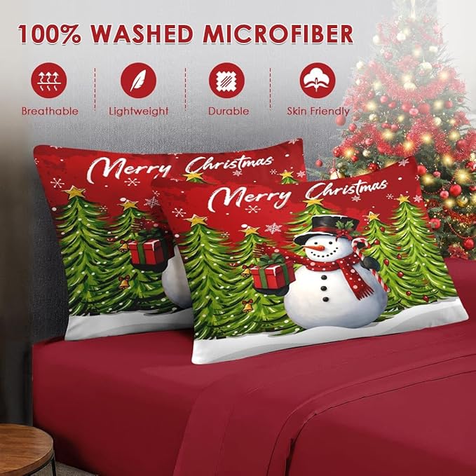 7 Pcs Queen Size Christmas Comforter Set with 2 Pillowcases & 2 Shams, Red Cartoon Snowman Bedding for Kids and Adults, Funny Xmas Pine Forest Bed in a Bag with Flat Fitted Sheet