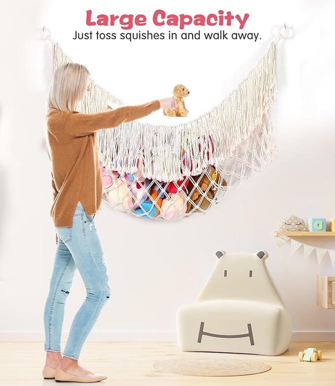 Stuffed Animal Hammock - Extra Large 63'' Long, Stuffed Animal Storage, stuffed animal Holder net, Toy Hammock Large, Toy Storage Hanging Organizer - Cream White