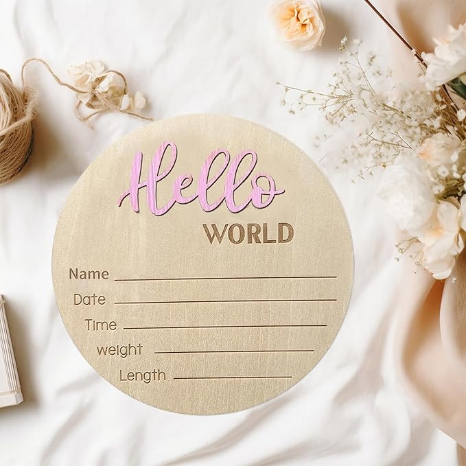 Baby Announcement Sign, 5.9 Inch Wooden Hello World Newborn Signs, Birth Announcement Sign, Baby Shower Hospital Nursery for Newborn Boys and Girls… (Light Pink)