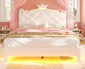 MSmask Full Bed Frame with LED Lights, Princess Upholstered Bed with Headboard with Charging Station & Crystal Button & Crown, Velvet Platform Bed for Girls, Solid Wood Slats, Curved Legs, White