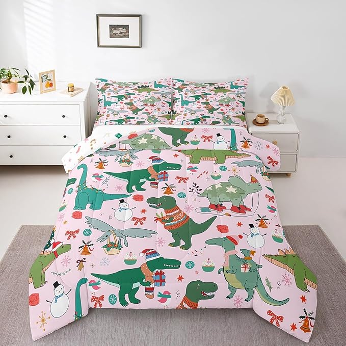Feelyou Christmas Pink Comforter Set Full Size for Kids Boys Girls Cartoon Xmas Dinosaur Bedding Set Snowman New Year Decorations Bedroom Quilt Set