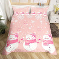 Manfei Kawaii Snowman Duvet Cover Set King Size, Cute Pink White Snowflake Comforter Cover with 2 Pillowcases, Christmas Theme Bedding Set 3pcs for Kids Girls Lightweight Bedspread Cover,No Comforter