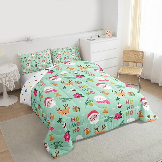 Feelyou Christmas Decor Bedding Set Soft for Boys Girls, Happy New Year Comforter Set King Size Santa Claus Duvet Quilt Microfiber Bedroom Decor 3 Pcs with 2 Pillow Cases