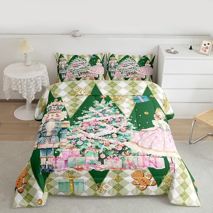 jejeloiu Christmas Nutcracker Comforter Set Toddler Size Gingerbread Man Bedding Set for Kids Boys Girls Xmas Tree Duvet Quilt Green Bedroom Decor
