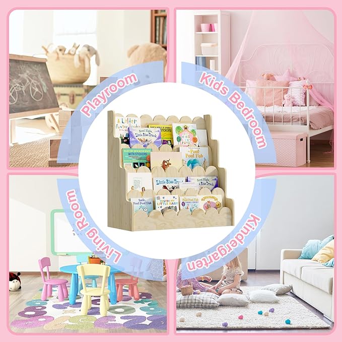 NACHES Wood Kids Bookshelf Scalloped Montessori Toddler Nursery Bookcase Baby Book Magazine Display Shelf 4 Tier Front Facing Children Book Rack Toy Organizer Girl Boy Bedroom Classroom Playroom