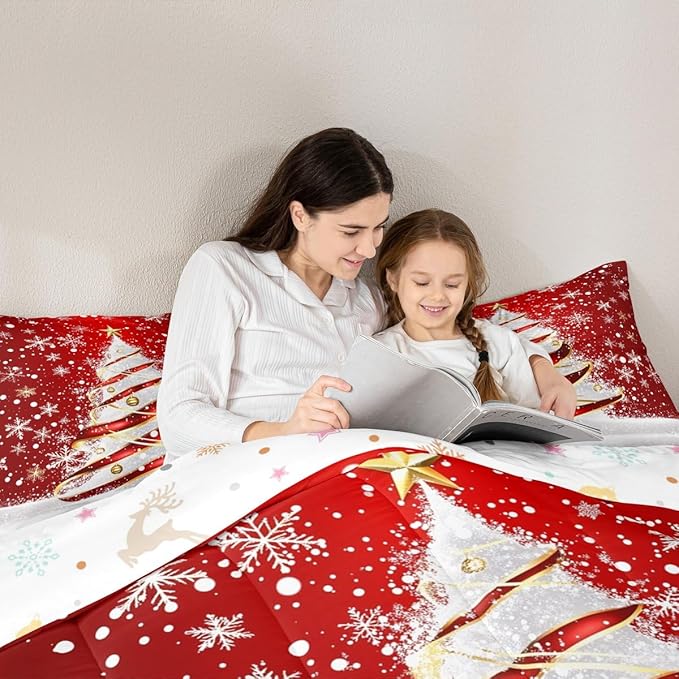 Feelyou Merry Christmas Comforter Set Toddler Size Christmas Tree Bedding Set for Kids Boys Girls Snowflake Duvet Quilt Winter Bedroom Decor Microfiber 2 Pcs with 1 Pillow Cases