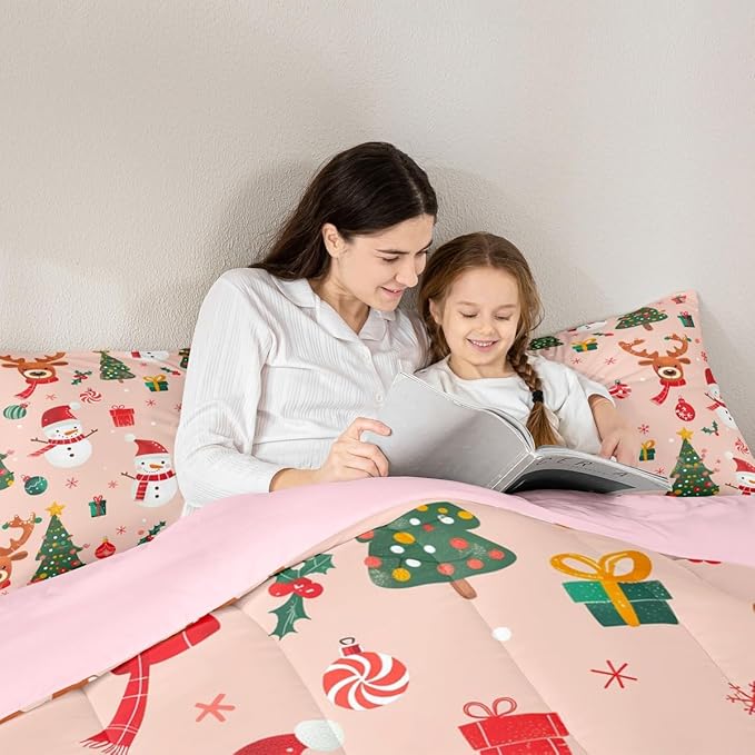 Feelyou Christmas Comforter Set Twin Size Snowman Bedding Set for Kids Boys Girls Deer Xmas Tree Duvet Quilt New Year Gift Bedroom Decor Snowflake Microfiber 2 Pcs with 1 Pillow Cases