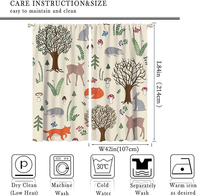 Kids Forest Animal Curtains, Rustic Cute Wild Animal Fox Deer Hedgehog Window Treatments Farmhouse Woodland Window Drapes for Girls Boys Nursery Toddler Bedroom 84x84in