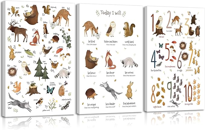 3Pcs Animal Alphabet Numbers Canvas Wall Art Classroom Nursery Painting Educational ABC Poster Prints Kids Playroom Picture Positive Affirmations Animal Wall Decor for Boy Girl Room 12x16in Framed