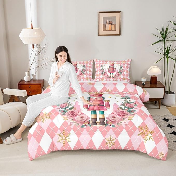 Feelyou Christmas Comforter Set Queen Size Pink Nutcrackers Bedding Set for Kids Boys Girls Rhombus Pattern Duvet Quilt Floral Bedroom Decor Snowflake Microfiber 3 Pcs with 2 Pillow Cases