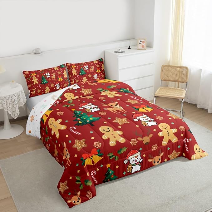 Feelyou Merry Christmas Comforter Set Full Size Gingerbread Man Bedding Set for Kids Boys Girls Cute Deer Duvet Quilt Christmas Tree Microfiber 3 Pcs with 2 Pillow Cases
