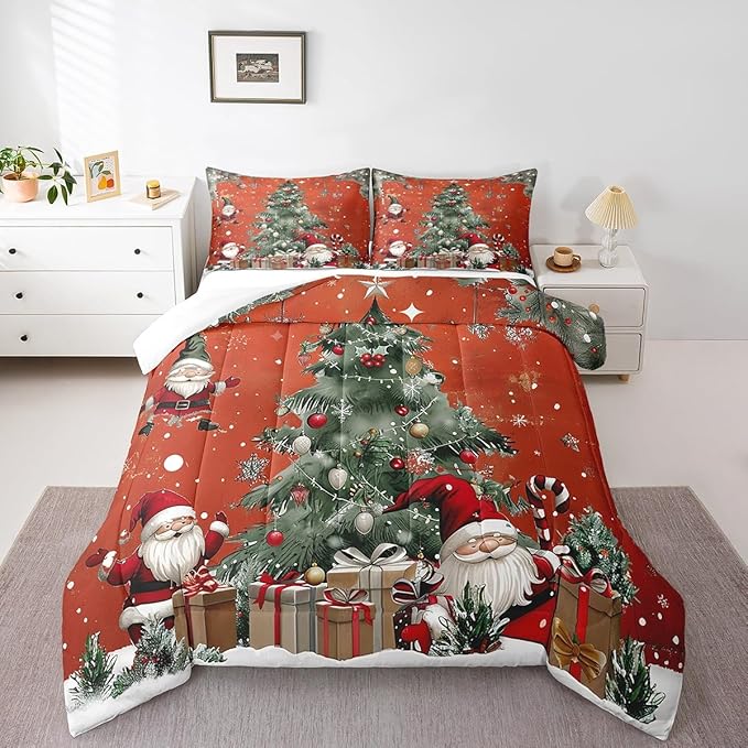 Christmas Theme Comforter Set Twin Size,Snowflake Christmas Tree Bedding Set for Kids Teens Adults Room Decor,Santa Claus Red Quilt Set 2Pcs,X'mas Star Polka Dot Glitter Duvet Insert,1 Pillowcase