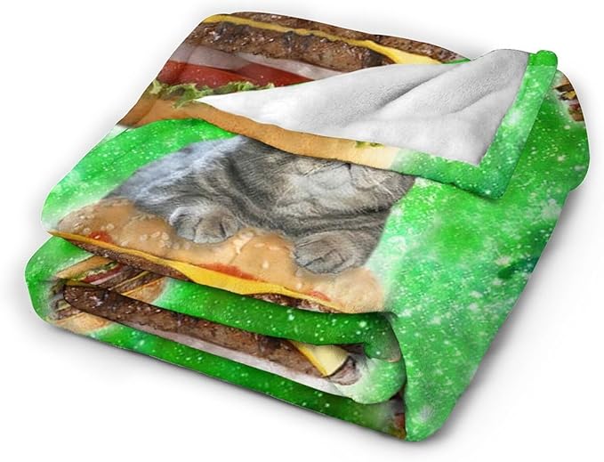 Tijuboni Hamburger Cat Throw Blanket Funny Cat Gifts for Girls Boys Women Men Kids Adults Soft Flannel Fleece Blanket for Couch Sofa Bed Home Decor 60"x80"