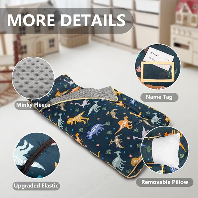 Primlect Thickened Toddler Nap Mat with Removable Pillow and Minky Blanket, Extra Large 55''x35'' Sleeping Bag, Washable, Roll up, Perfect for Daycare, Preschool, Kindergarten, Boys and Girls Dinosaur