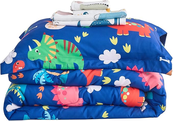Wajade 7 Piece Kid Boys Dinosaur Comforter Set Full Size 3D Blue Dinosaur Wild Park Jungle Print Bedding Set with Comforter, Sheet Set, Pillowcase and Sham