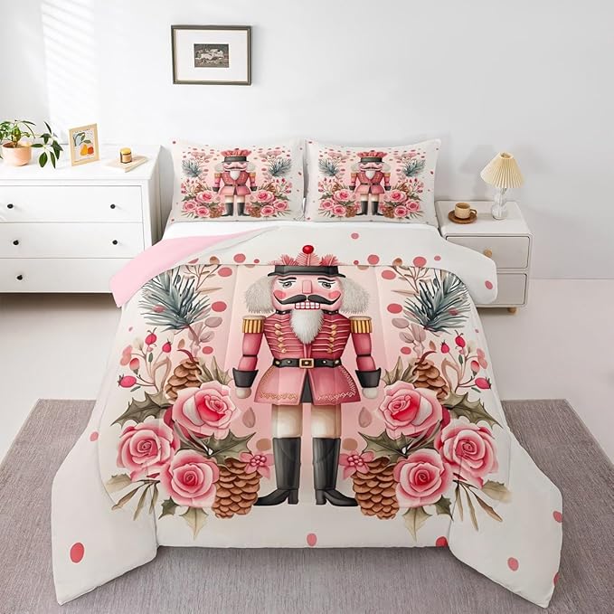 Feelyou Christmas Decor Nutcrackers Comforter Set All Season Pink Christmas Bedding Set with 2 Pillow Cases Funny Nutcracker Kids King Bedclothes Rose Decor Berries Duvet Quilt Soft Lightweight
