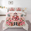Feelyou Christmas Decor Nutcrackers Comforter Set All Season Pink Christmas Bedding Set with 2 Pillow Cases Funny Nutcracker Kids King Bedclothes Rose Decor Berries Duvet Quilt Soft Lightweight