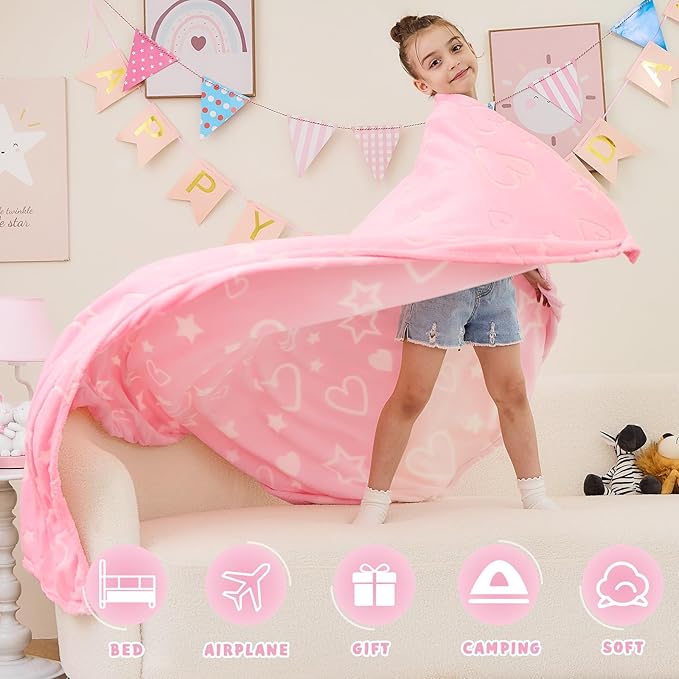 inhand Birthday Gifts Toys for Girl Pink Heart Glow in The Dark Blanket Thanksgiving Throw Blanket Cute Kids Blanket Soft Fleece Throw Blanket for Kids（40x60 Pink Heart）